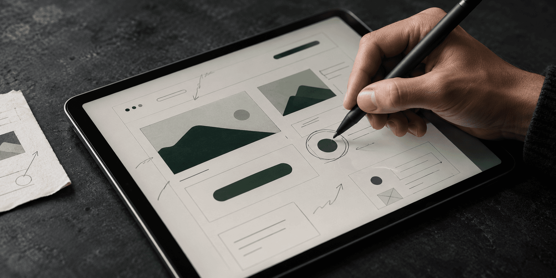 Relecture d’une maquette sur tablette avec un stylet.